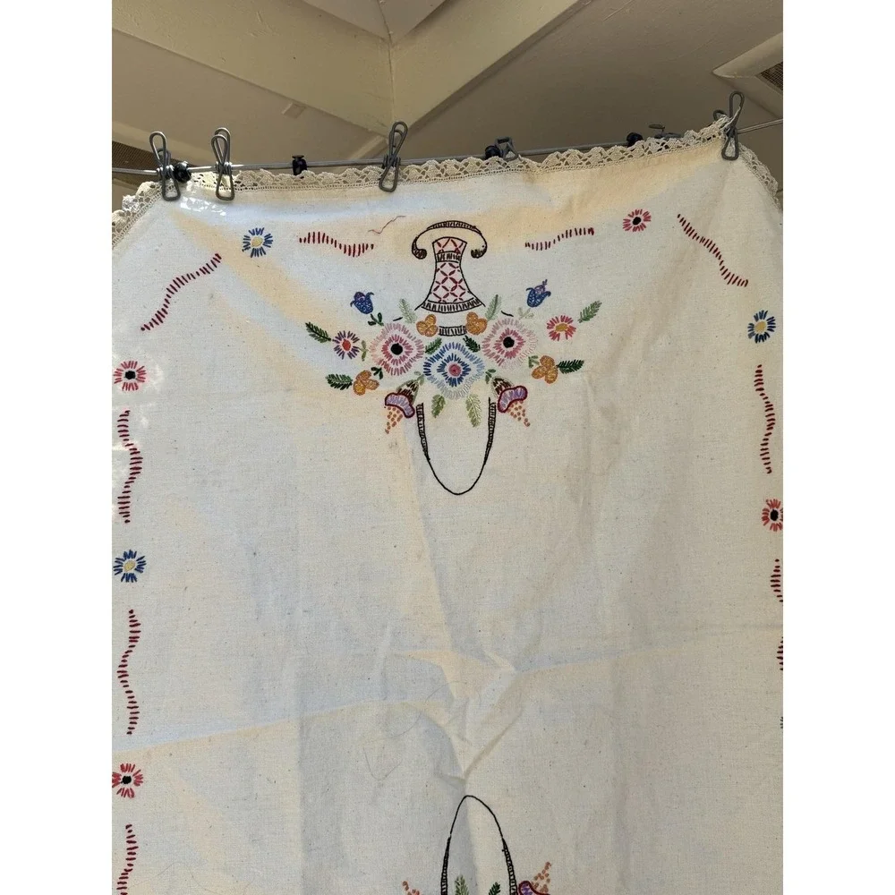 Vintage Handmade Linen Crochet Embroidered Floral Basket Table Runner  27x34